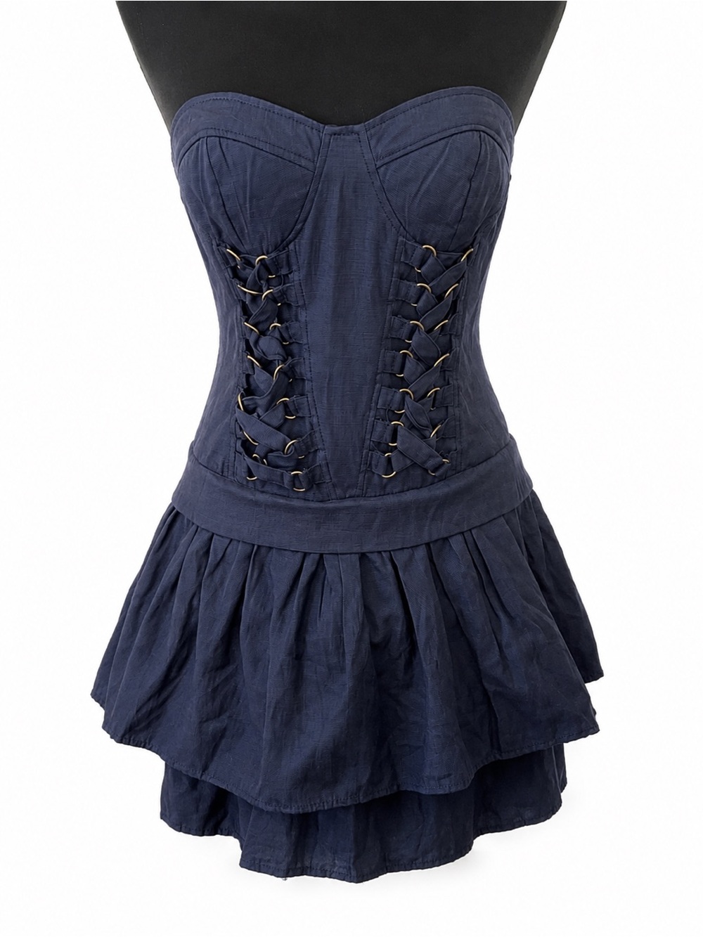 Double Zero Strapless Corset Mini Dress Navy Lace-Up Ruffle Hem Size M Like New